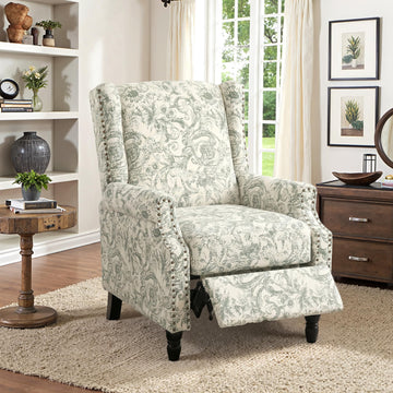 Wingback Floral Pushback Recliner Chair, Rococo Green, Set of 1