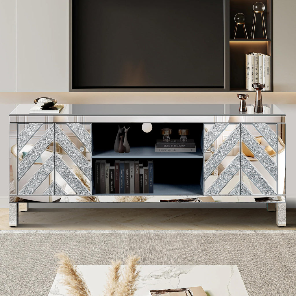 Mirrored for 65+ inch TV, Sliver TV Console Table with Open Storage & 2 Storage Cabinets, Diamond Shape Mirror Doors (A)