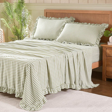 Gingham Queen Sheet Set, Lightweight Super Soft Brushed Microfiber Plaid Bed Sheets with 16" Deep Pocket, 4 Piece