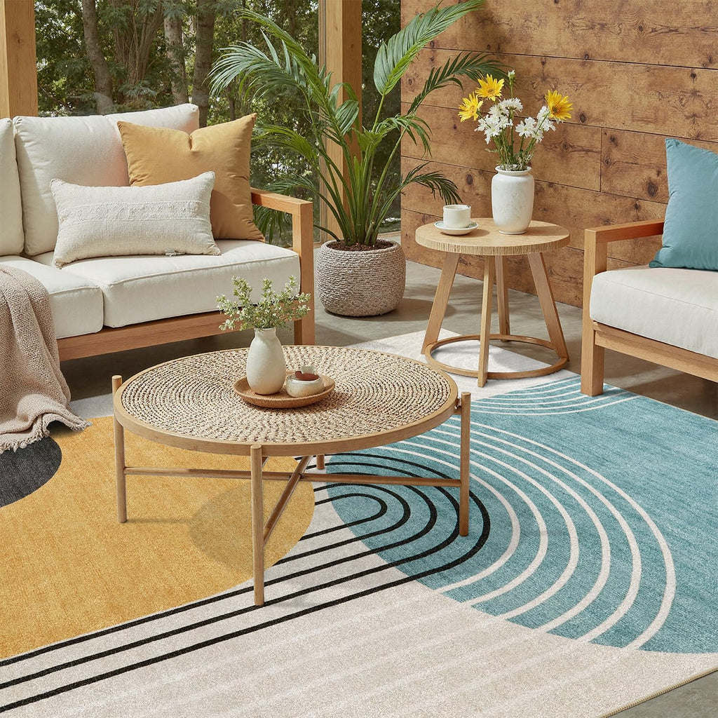 Abstract Machine Washable Rug, Mid Century Modern Rug for Living Room, Soft Low Pile Non Slip Carpet, Kid & Pet