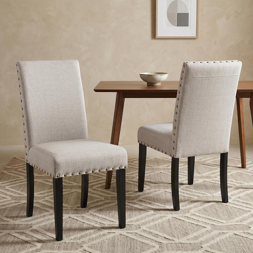 Fabric Dining Chairs with Nailhead Trim, Set of 2, Tan