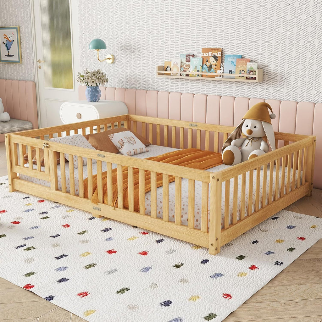 Full Size Montessori Floor Bed with Slats, Door and Guardrails, Natural | Low Profile Montessori Bed with Fence, Easy