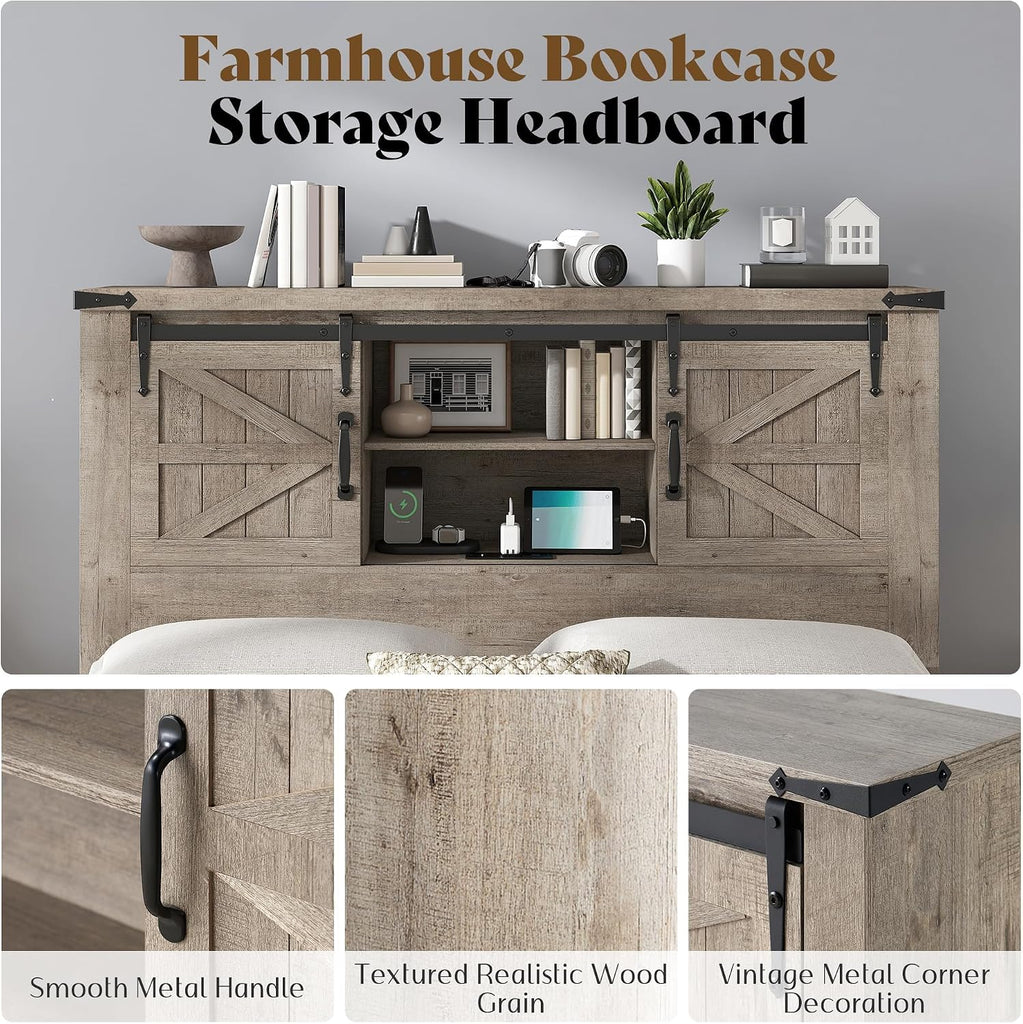Farmhouse Full Bed Frame with Storage Headboard & Charging Station, Rustic Wood Platform Bed with Barn Door Bookcase