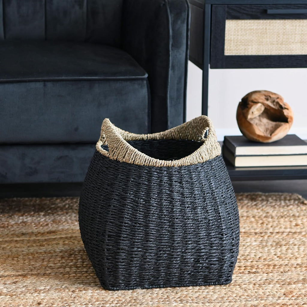 Handled Seagrass Basket Decorative Storage Organizer with Sturdy Metal Frame, Natural and Black Finish