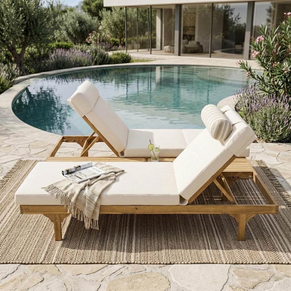 Acacia Wood Chaise Lounge Chair Set of 2, Double/Single Outdoor Sunbathing Pool Lounger with 4'' Four-Folds Cushion