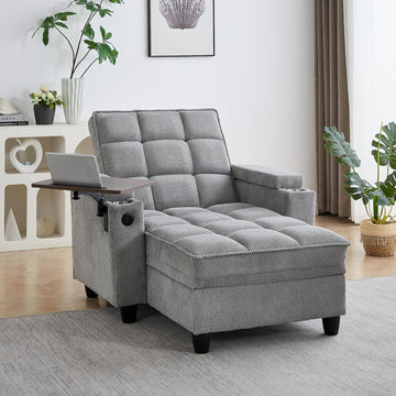 42" Sleeper Chair Bed, Adjustable Backrest & Storage, Light Gray | 3-in-1 Chair, Chaise & Bed | 6-Position Backrest |