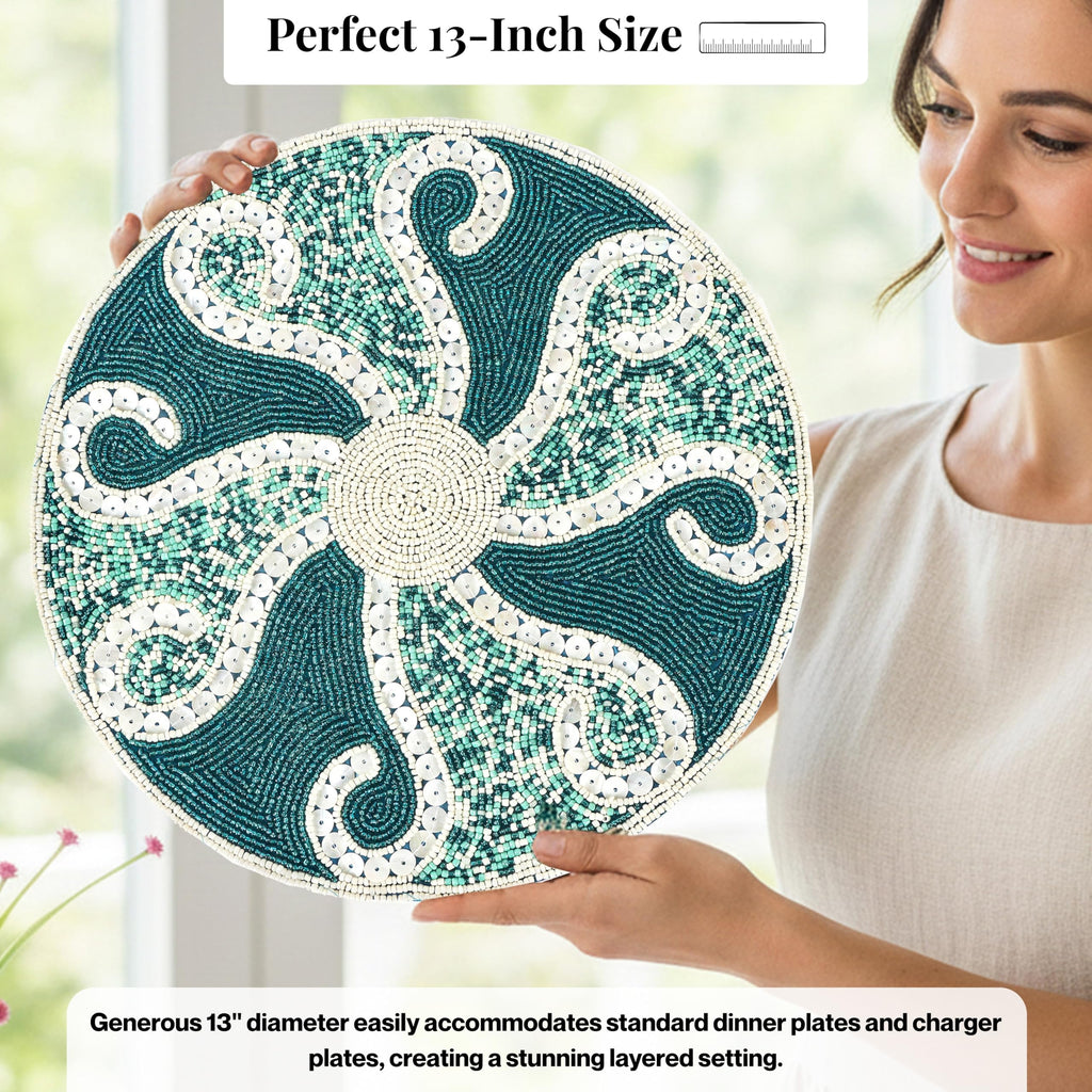 Beaded Placemats 13 Inch Teal Ivory Round Table Mats