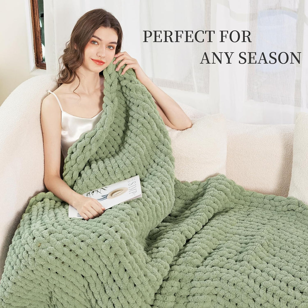 Chunky Knit Blanket Throw, 100% Hand Knit Chenille Throw Blanket, Soft and Cozy Knitted Throw Blankets (Sage