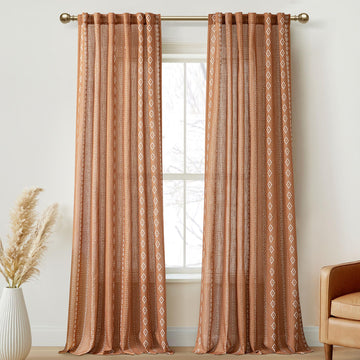 Terracotta Linen Curtains with Geometric Stripe Pattern Light Filtering Semi Sheer Drapes Rust Colored Boho Farmhouse