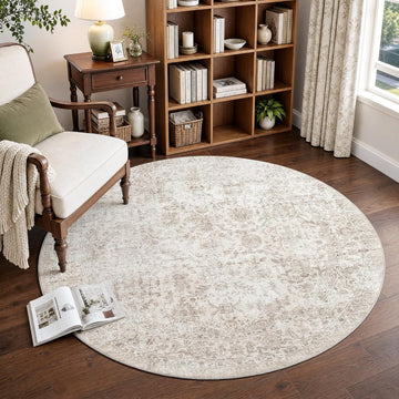 5ft Round Washable Beige Neutral Vintage Area Rug