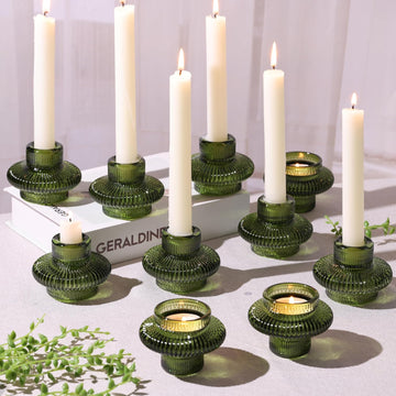 Green Taper Candle Holders Set of 10 for Taper Candles/Tea Lights, Ribbed Glass Candlestick Holders for Boho Wedding