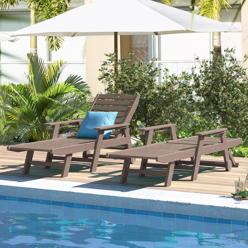 Outdoor Chaise Lounge Chair Set of 2 with Wheels & Cup Holder, HDPE Pool Lounge Chairs with 5-Position Adjustable