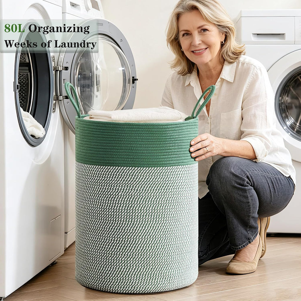 80L Large Green Hamper Tall Woven Laundry Basket | Cotton Rope Clothes Hamper Baby Nursery Hamper Bin for Girls Kids