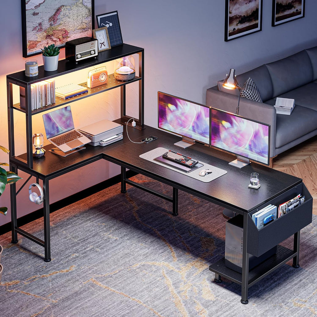 L Shaped Gaming Desk with LED Lights & Power Outlets | Reversible Computer Desk with Storage Shelves & Bag, Large