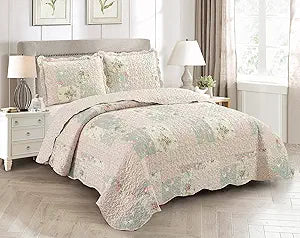 Rose and Sage Quilt Set, 3-Piece Bedding Sets, Traditional Patchwork Design, Washable and Reversible Bedspread, Soft