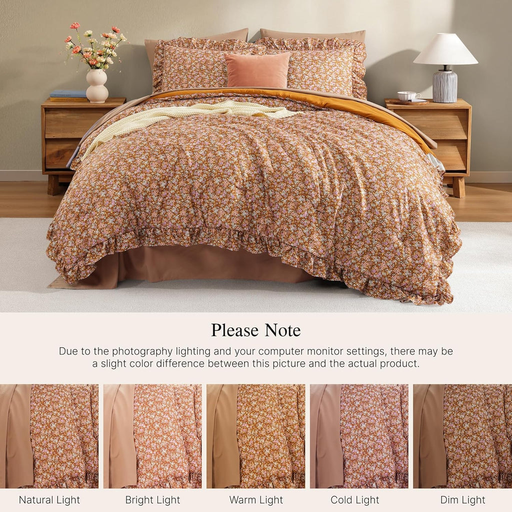 Comforter Set - 7 Pieces Ruffle Brown Bedding Sets, Shabby Chic Farmhouse Bed in a Bag with Ruffle Comforter