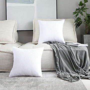 White Pillow Covers 24x24 Large Plush Throw Pillowcases Soft Corduroy Stripe Decorative Euro Shams for Wedding, Set of