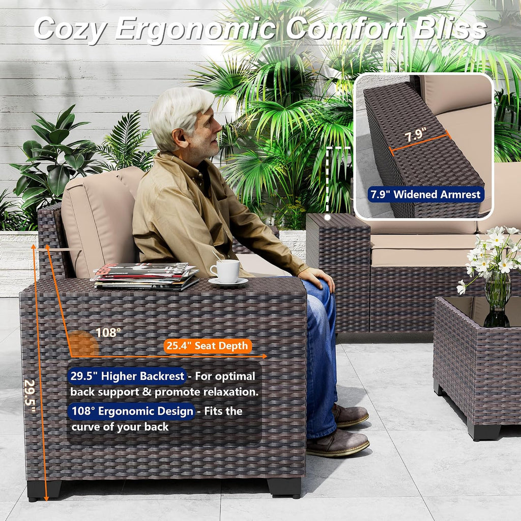 Outdoor Patio Furniture Set, 6 Pieces Outdoor Sectional Furniture High Backrest Patio Sofa, All-Weather PE Rattan
