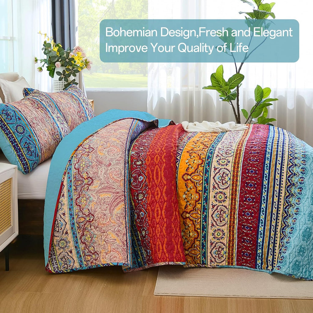 Bohemian Quilt Set, Boho Striped Pattern Quilts Bedspread Set for All Season, Soft Microfiber Bedding Coverlet