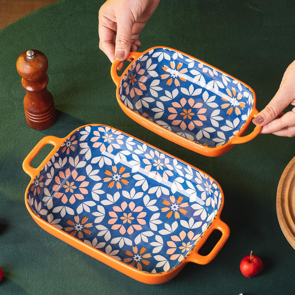Ceramic Dish Set, 2-Piece Hand-painted Porcelain Rectangular Bakware set with Handles,Large 10.55"L*7.4"W and