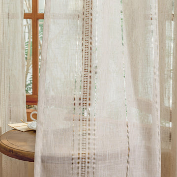 Natural Linen Boho Curtains 84 Inches Long Light Filtering Semi Sheer Privacy Drapes, Farmhouse Rustic Hollowed-Out