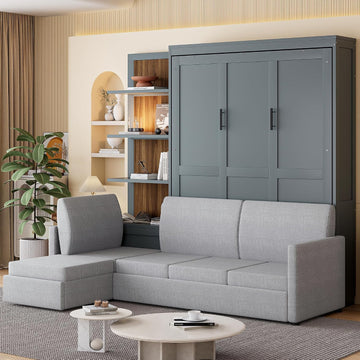 Queen Murphy Bed with Sofa and Shelves, Gray | Space-saving sleeping solution with integrated seating and display