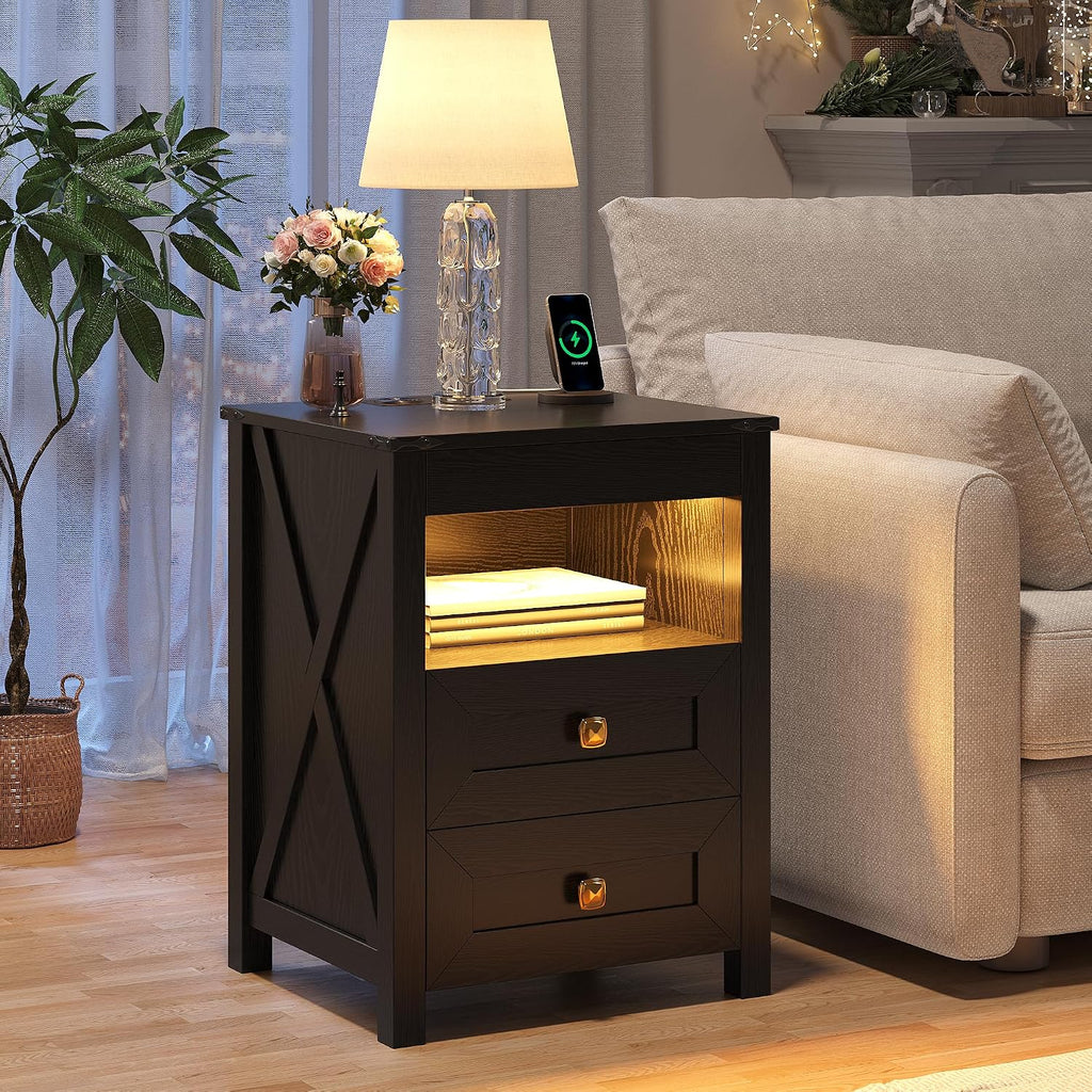 Farmhouse LED Nightstand with Gun Drawer&Invisible Lock,Modern Bedside Table with Human Sensor Design,Rustic Side