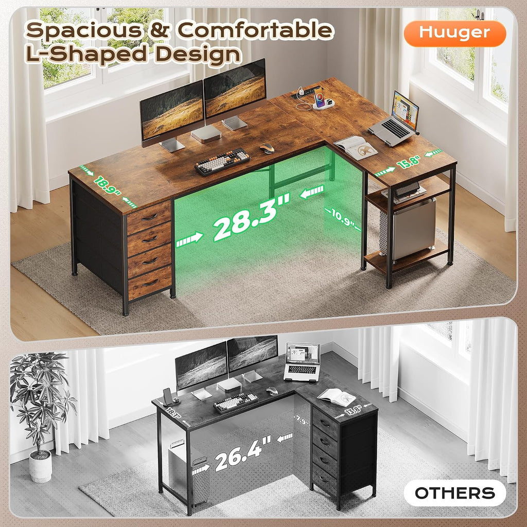55 Inch L Shaped Desk with Fabric Drawers, Reversible Computer Gaming Desk with Power Outlets and USB-C Port