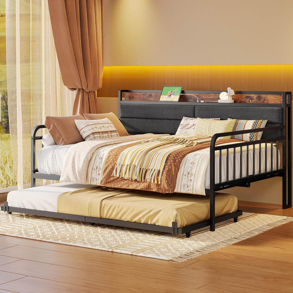 Daybed with Trundle, Full Size Bed Frame, Black | Sofa Day Bed with Upholstered Headboard and Charging Station and