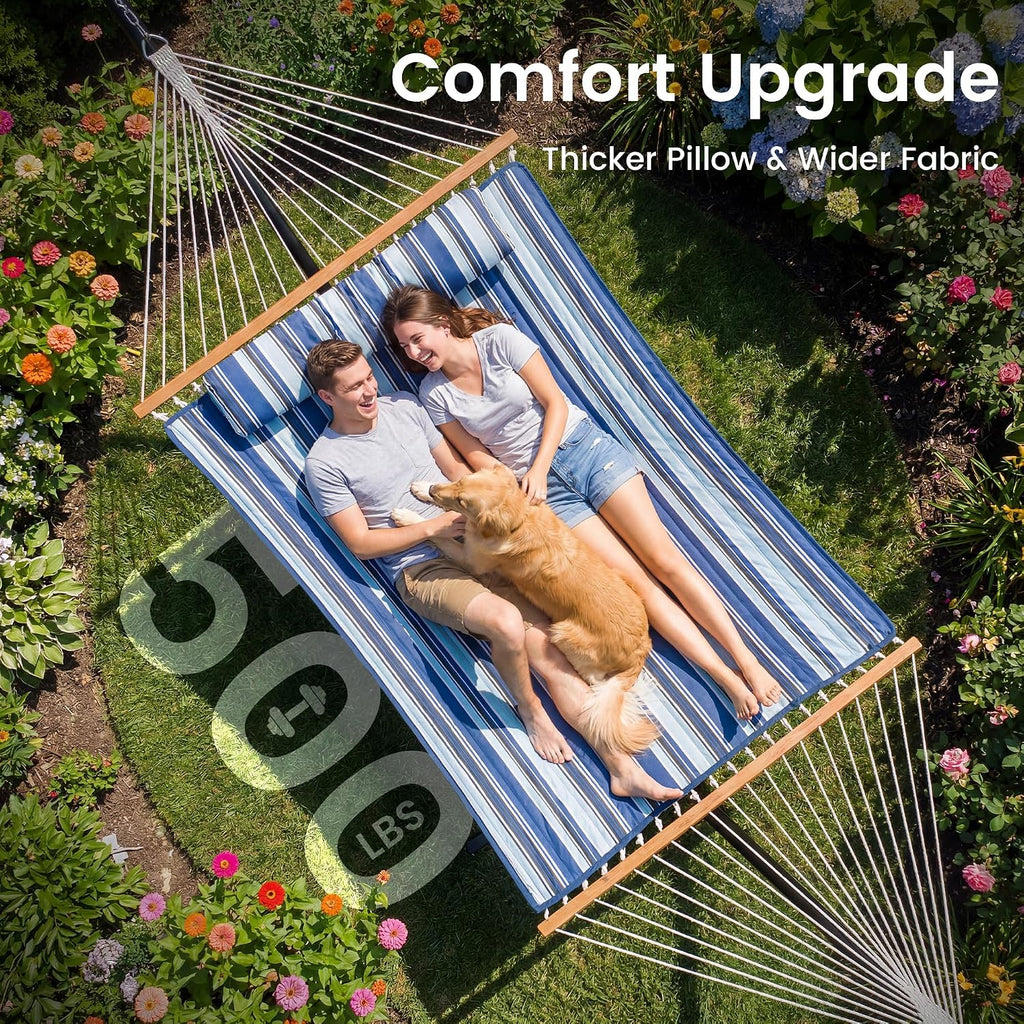 2 Person Hammock with Stand, Heavy Duty Double Cotton Rope Hammock with Removable Quilted Pad & Pillow, 500 LBS