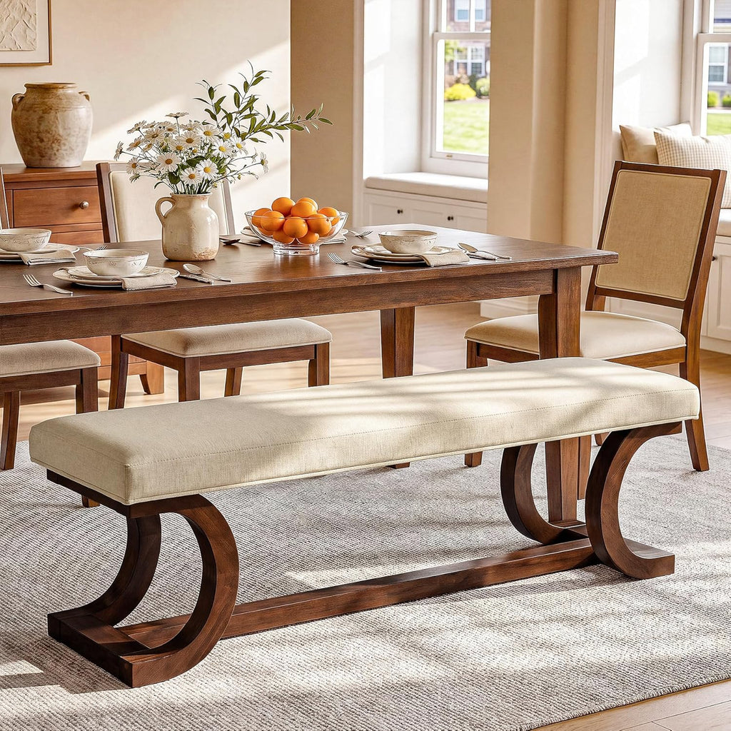 48-Inch Upholstered Bench, Solid Wood Entryway Bench with Soft Cushion, Mid-Century Accent Furniture for End of Bed