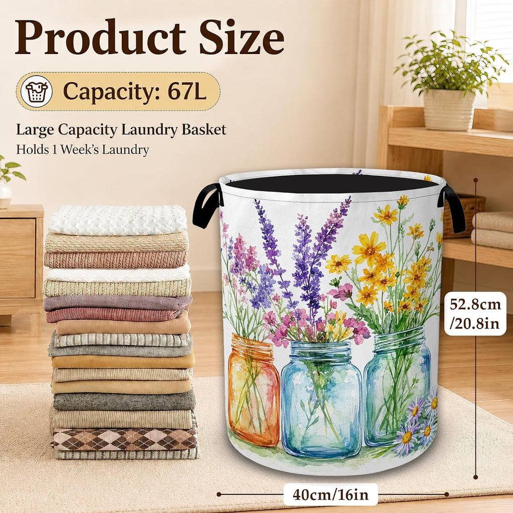 Wildflower Mason Jars Decorative Laundry Hamper, Tall Foldable Oxford Clothes Basket with Handles, Lightweight Dirty