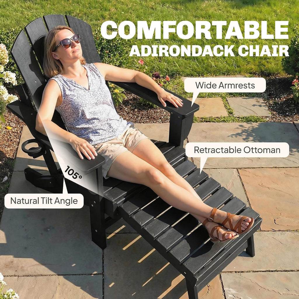 Folding Adirondack Chair Set of 2 with Retractable Ottoman Black | Outdoor HDPE Fire Pit Chair, Cup Holder, Large
