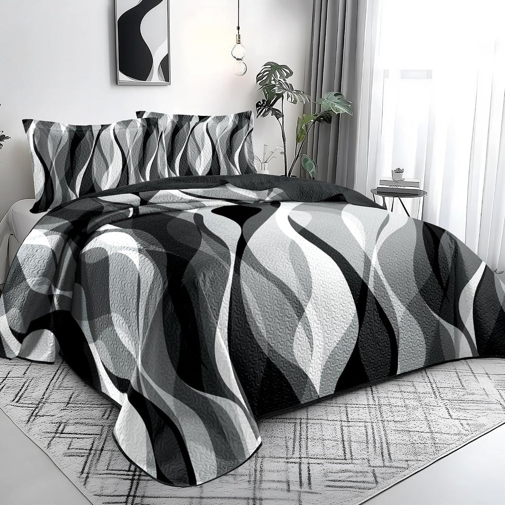 3 Piece Black White Twin Quilt Striped Reversible Bedding Set