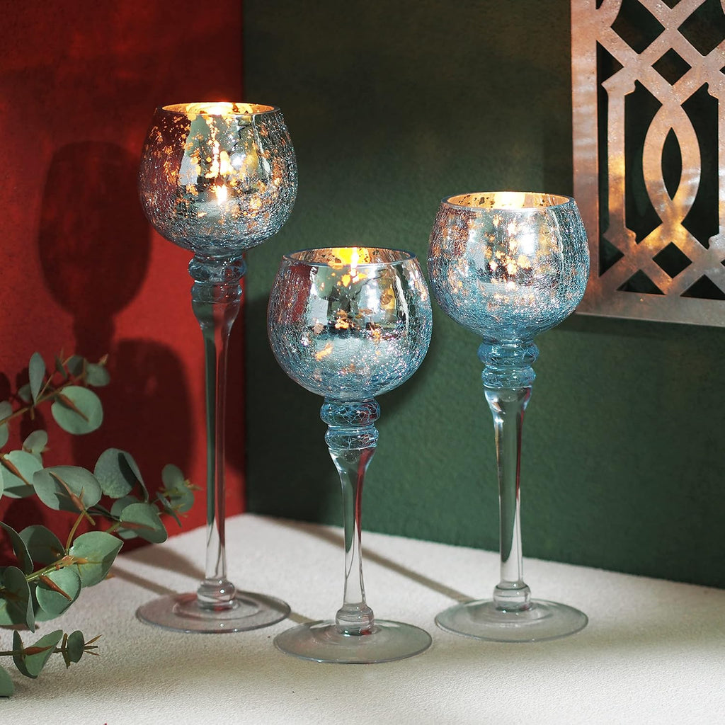 Elevate Ambiance with Set of 3 Crackle Blue Glass Tealight Holders 12 Inch, 10 Inch, 9 Inch Stylish Home Decor for