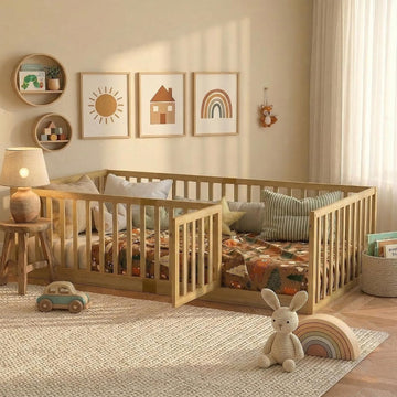 Twin Montessori Floor Bed Frame with High Rails and Door, Wood Twin Floor Bed with Slats, Low Profile Kids Bed Frame