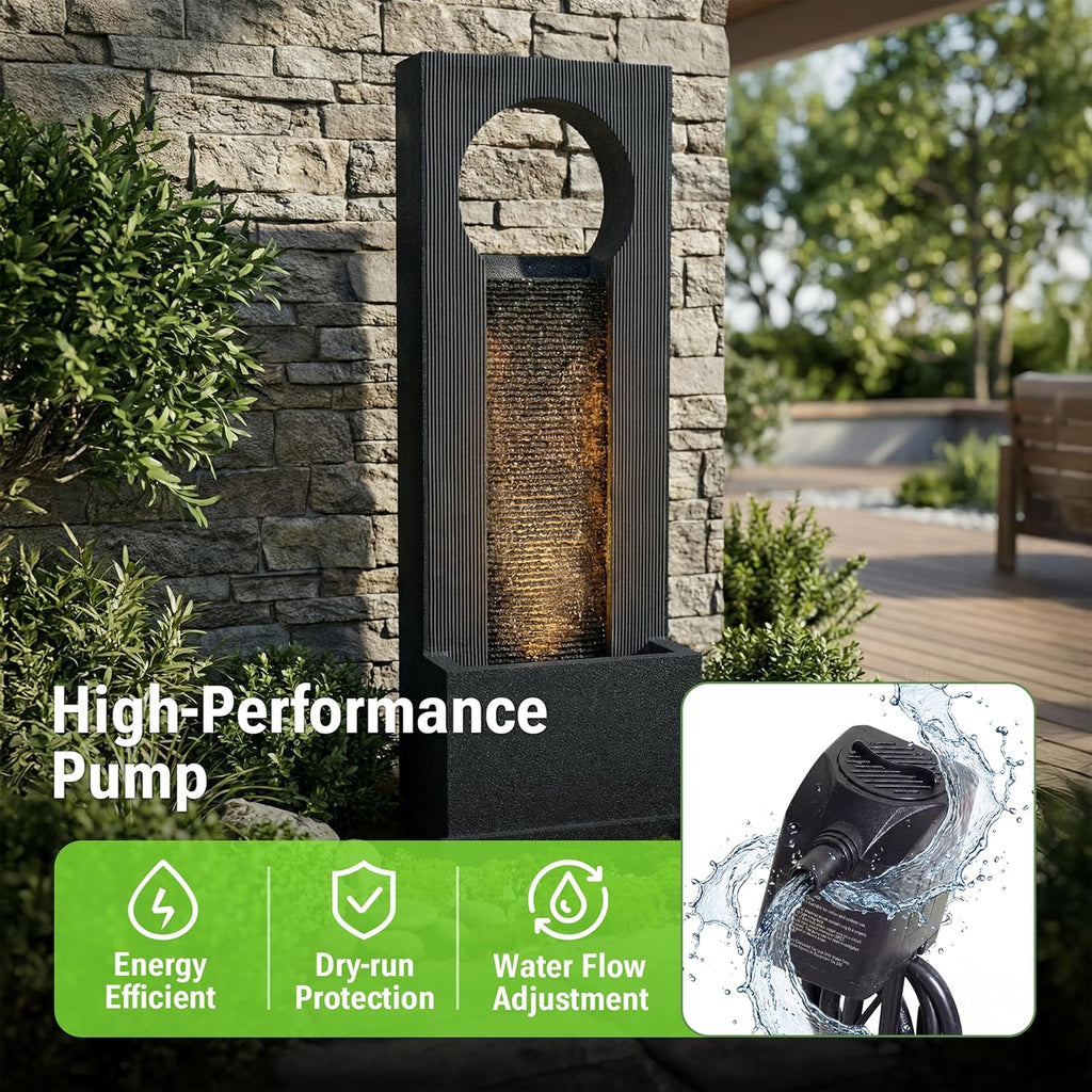 40-Inch Modern Outdoor Water Fountain, Large Floor Standing Resin Outdoor Fountain with LED Lights
