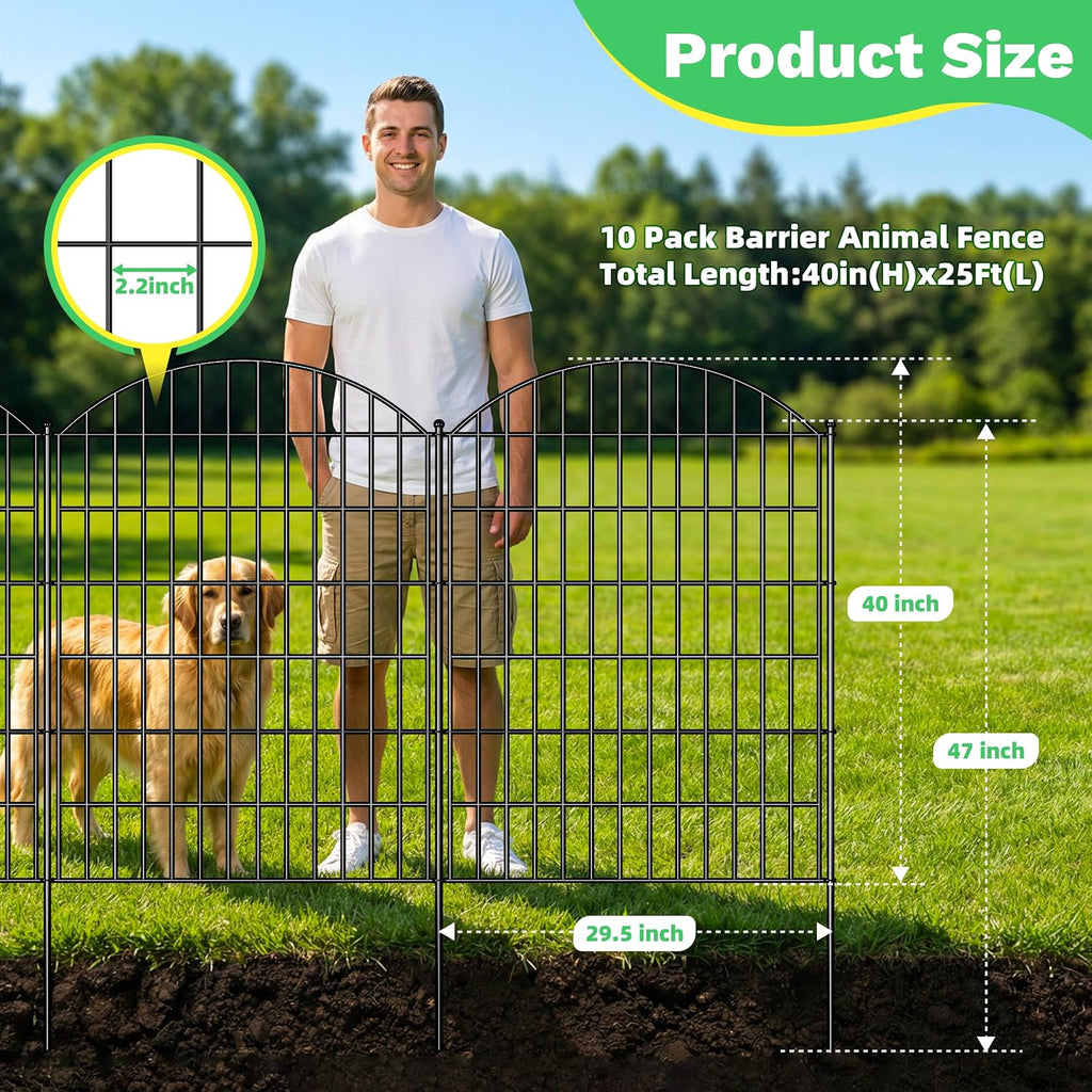 10 Panels Arched No Dig Decorative Garden Fence with Gate, 40in(H) x 25.0ft(L) Dog Fence Outdoor for Yard, Rustproof