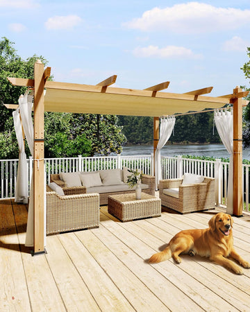 10x13 Ft Outdoor Pergola with Retractable Canopy Aluminum Gazebo Imitation Wood-Grain Post with Side Mesh