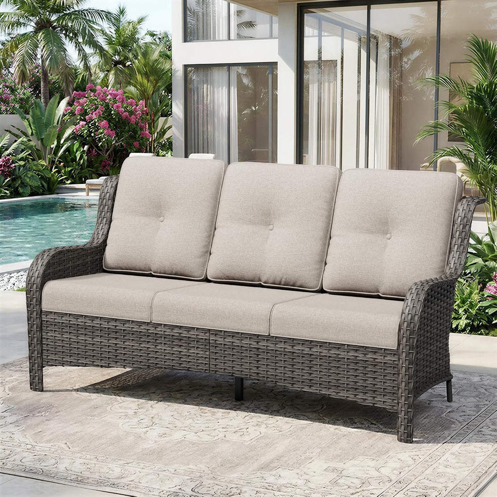 3 Seat Outdoor Couch, Wicker Patio Sofa with Thickened Olefin Cushions, High Back and Deep Seating, Hand-Woven PE