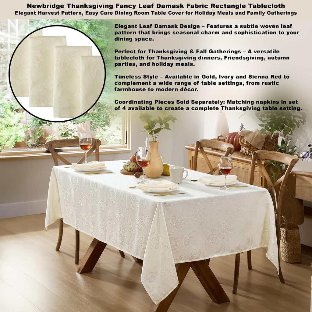Ivory Fancy Leaves Damask Fabric Holiday Tablecloth, 52 x 70 Inch Rectangle, Elegant Swirling Leaf Pattern, No Iron