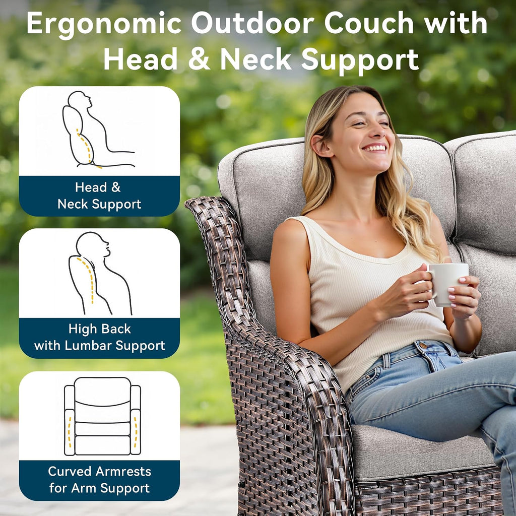 Luxury Outdoor Patio Furniture Set-Wicker High Backrest 3-Seat Patio Sofa with Comfy 6" Cushion, Rattan Couch with