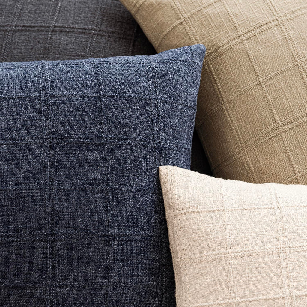 Boho Linen Check Decorative Throw Pillow Covers 16×16 Navy Blue