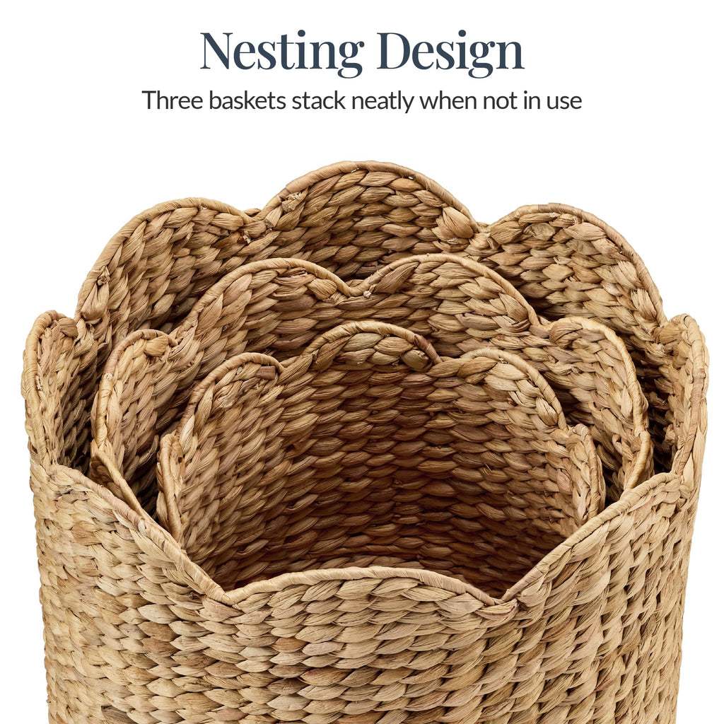3pc Water Hyacinth Scalloped Multipurpose Nesting Baskets, Storage Bin Organization Totes, Laundry Room - Natural