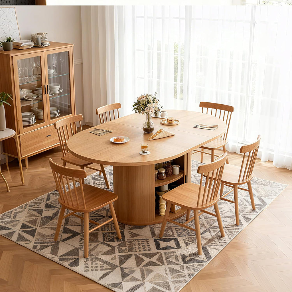 Extendable Round Dining Table for 2-4-6, 63 Inch Dining Room Kitchen Table with 2-Tier Storage Shelf, Modern