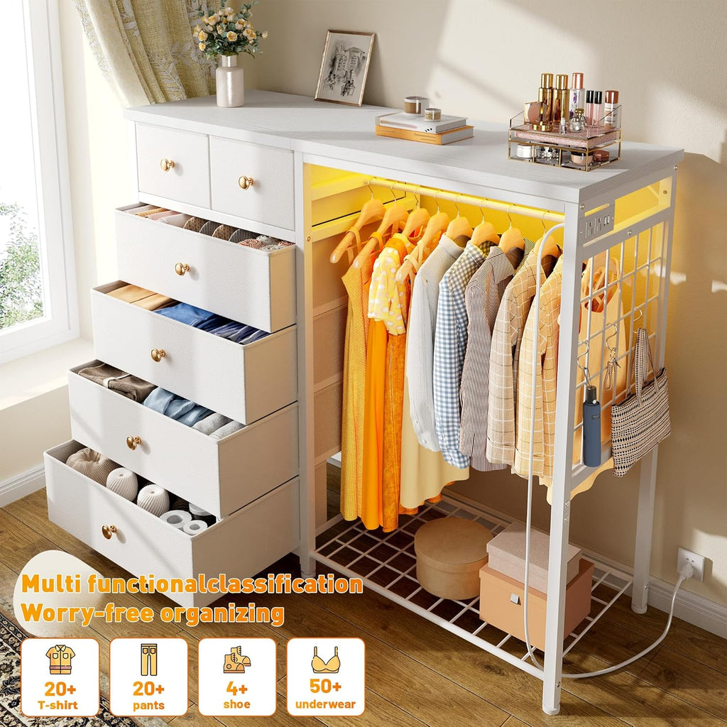 49.2" W Dresser with Hanging Rack & 6 Drawers, Grid Panel & 4 Hooks | Featuring LED Lights and Charging Station