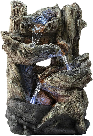 14"H Indoor Tiered Log Tabletop Fountain with LED Lights - Cascading Waterfall Design Creates Relaxing Ambiance Décor