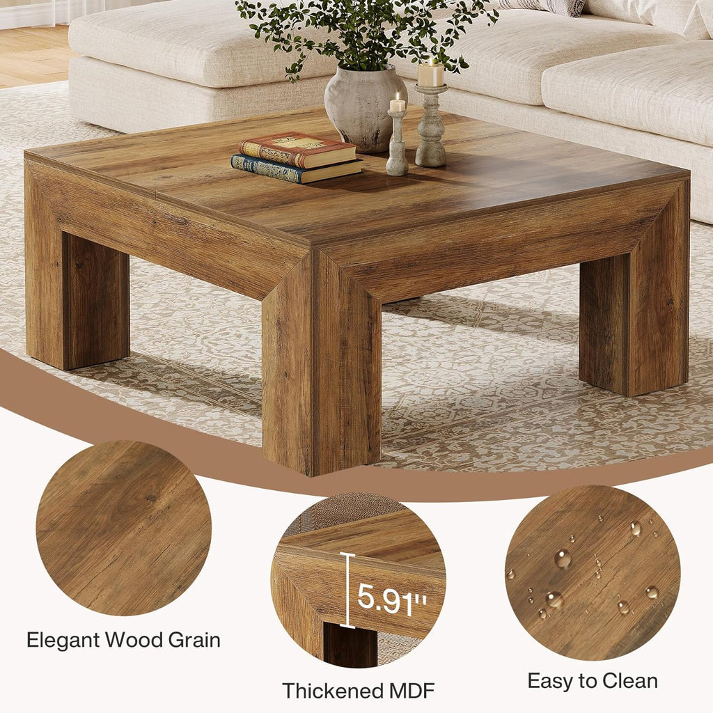 39.4-Inch Square Coffee Table, Farmhouse All MDF Accent Center Cocktail Table with Sturdy Wooden Legs, Easy Assembly