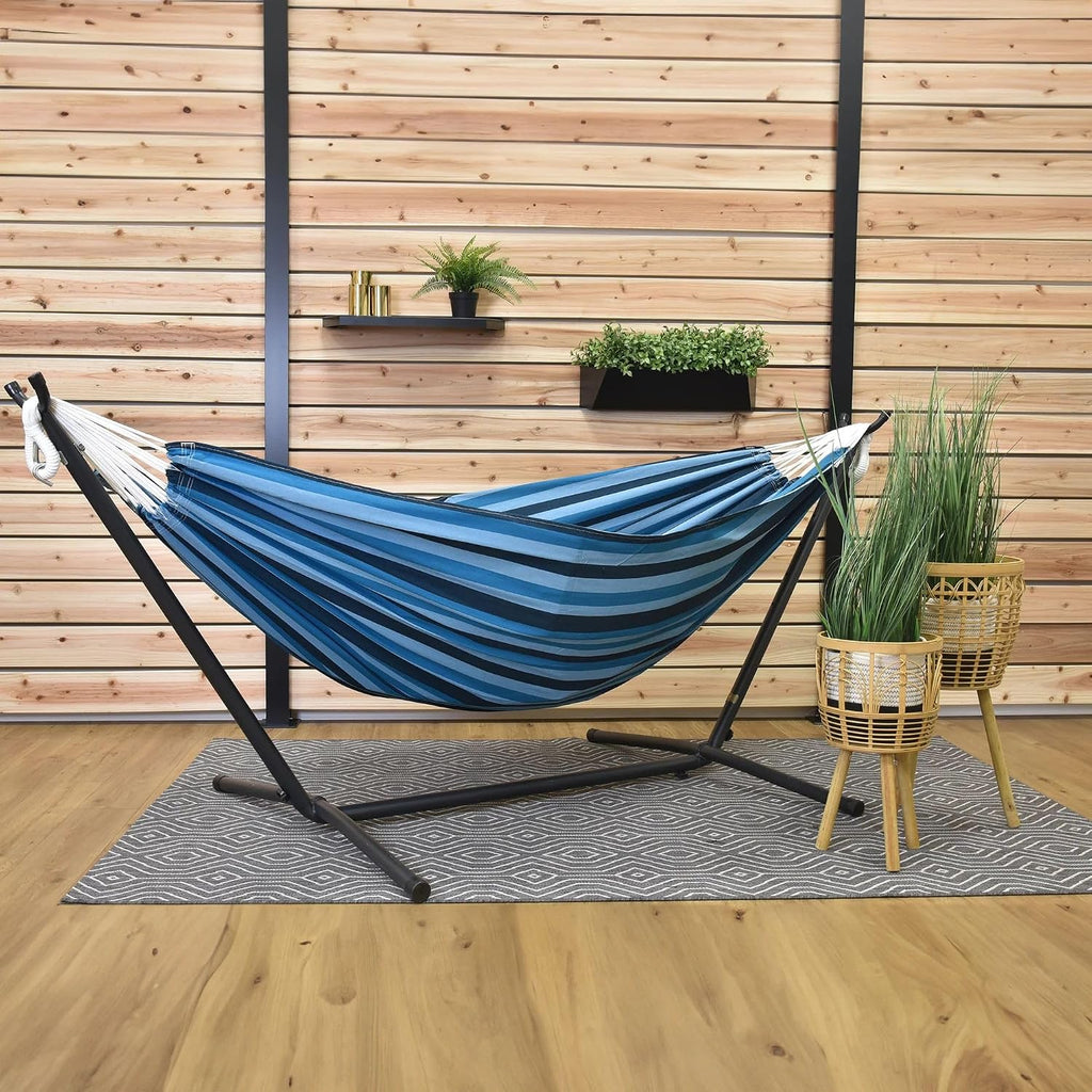 Double Cotton Hammock with Space Saving Steel Stand, Upgraded Polyester End Strings 450 lb Capacity - Premium Carry