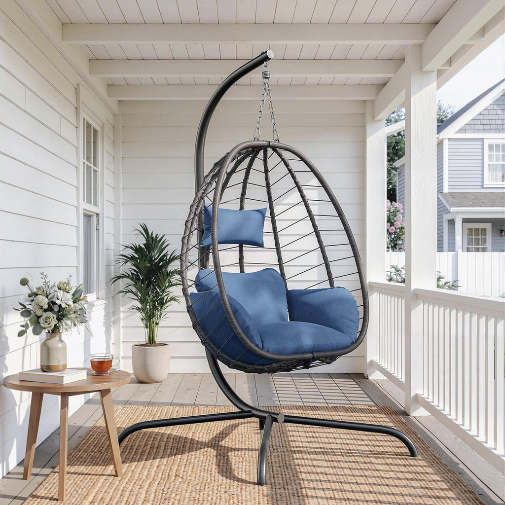Foldable Egg Chair with Stand, 485LBS Capacity Wicker Rattan Hammock Swing Chair for Outdoor & Indoor, Patio Hanging